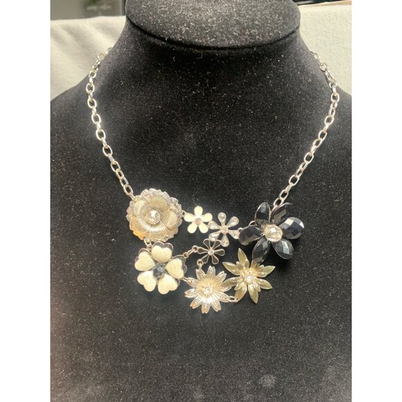 Jewelry - Floral Statement Necklace with Mixed Metal & Crystal Accents
